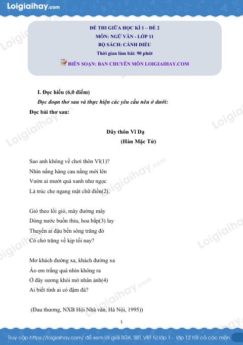 Đề thi giữa kì 1 Văn 11 Cánh diều - Đề số 2